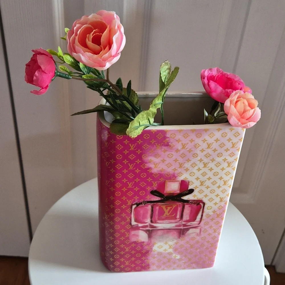 LV Themed Pink Ceramic Book Vase - Chic Home Deco